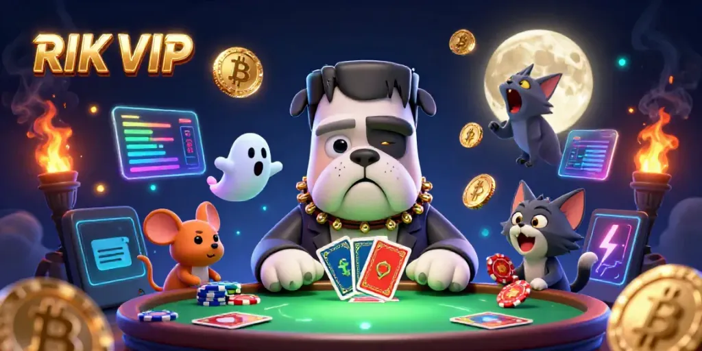 Engage with RIK VIP as the Frankenstein bulldog dealer brings the game to life amid neon crypto elements.
