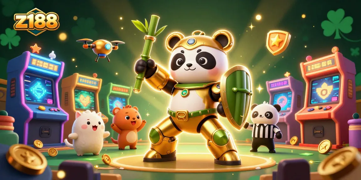 Experience thrilling gameplay at z188 with a vibrant 3D illustration showcasing a golden panda piloting a bamboo robot.