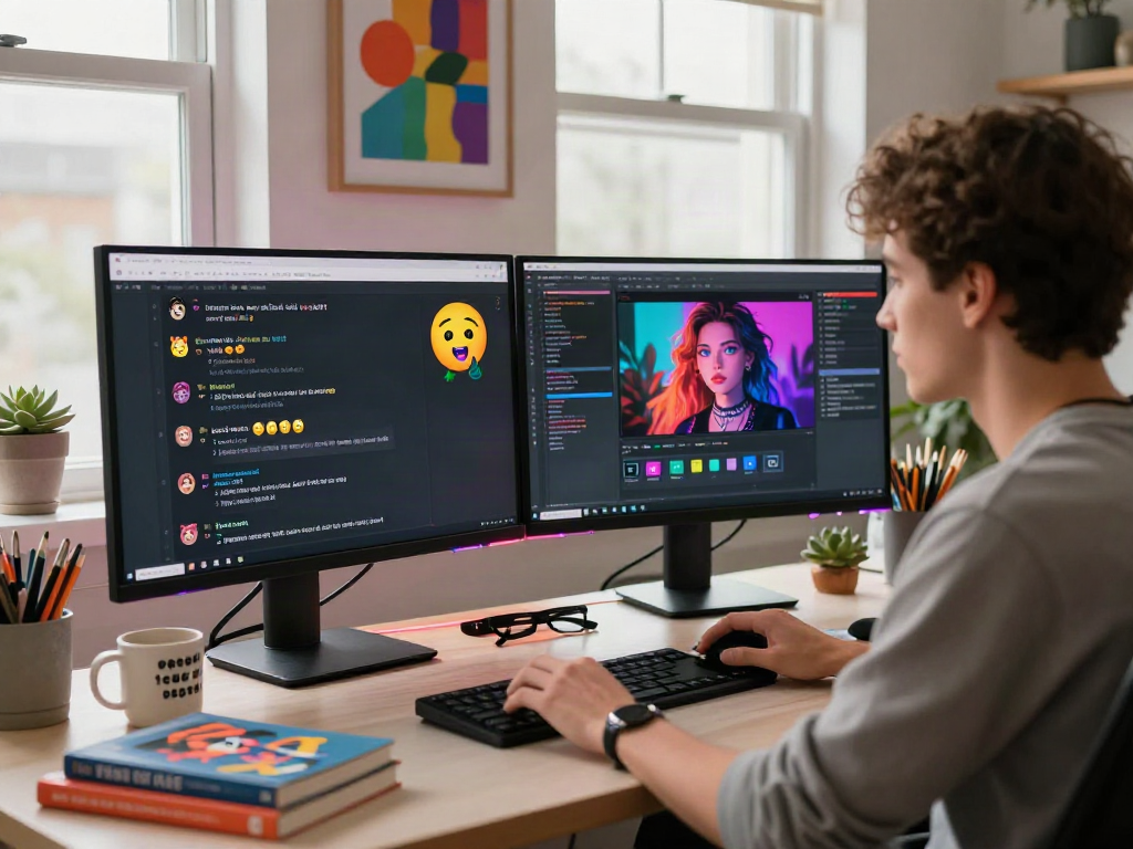 Engaging in an NSFW AI chat within a stylish home office filled with digital art and creative technology elements.