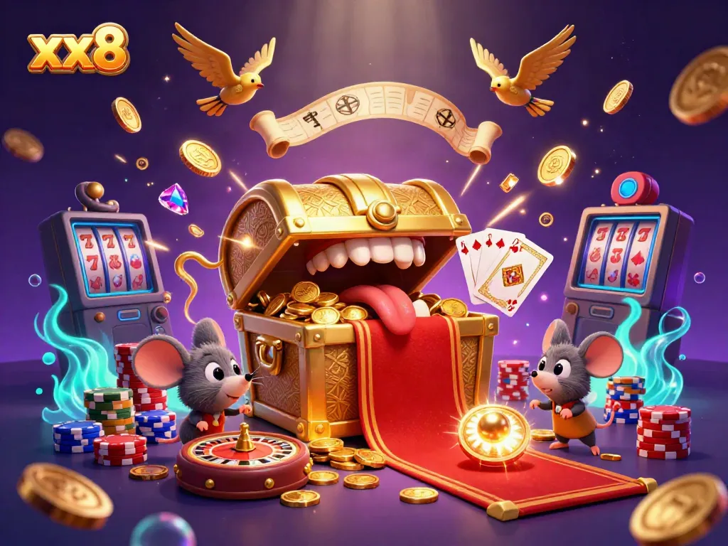 Experience the excitement of gaming at xx8 with thrilling treasures, animated characters, and vibrant casino elements.