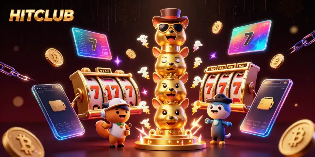 Experience HITCLUB's vibrant slots and jackpots surrounded by dynamic crypto elements, designed for thrilling gameplay.