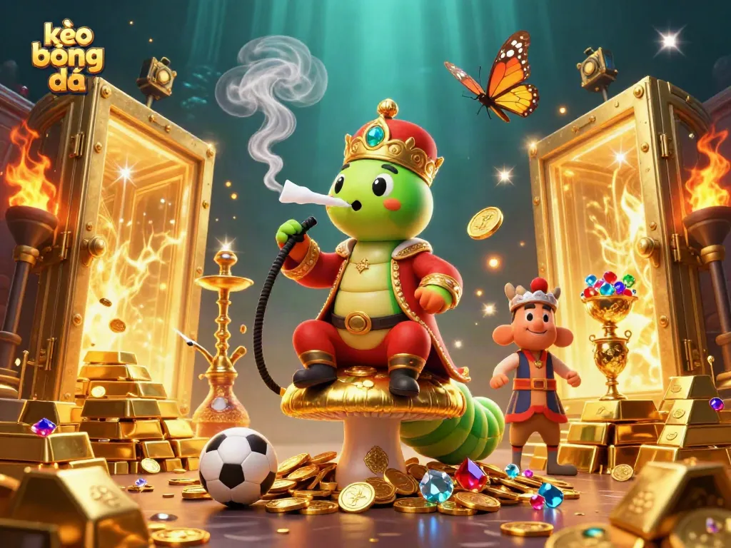 Experience kèo bóng đá with a vibrant 3D scene featuring a sports-themed caterpillar master amidst stunning treasures.