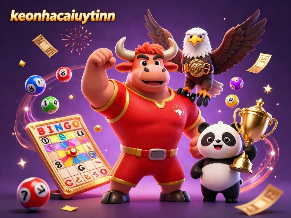 Engage with keonhacaiuytinn as a victorious bull mascot celebrates amidst colorful lottery elements and festive effects.