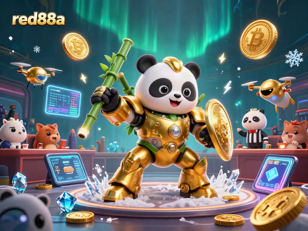 Engage with red88a in a vibrant online casino scene with golden panda and crypto elements.