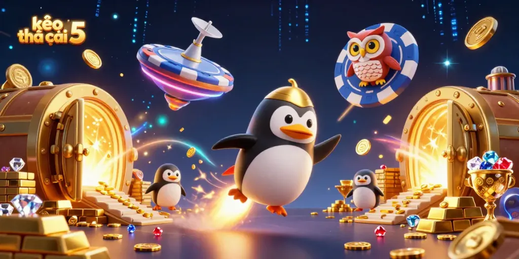 Bet on kèo nhà cái 5 with a golden penguin racing to a casino station surrounded by treasures.