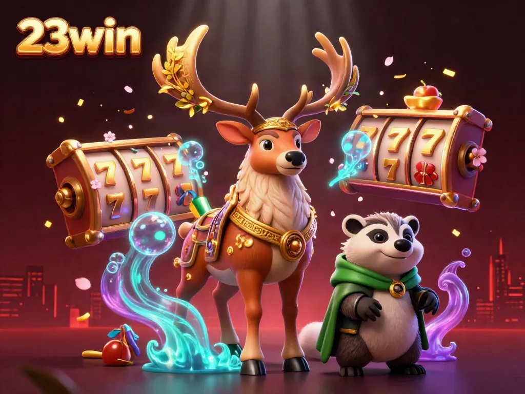 Experience the thrill of 23win with dynamic slots and enchanting characters in this vibrant casino scene.