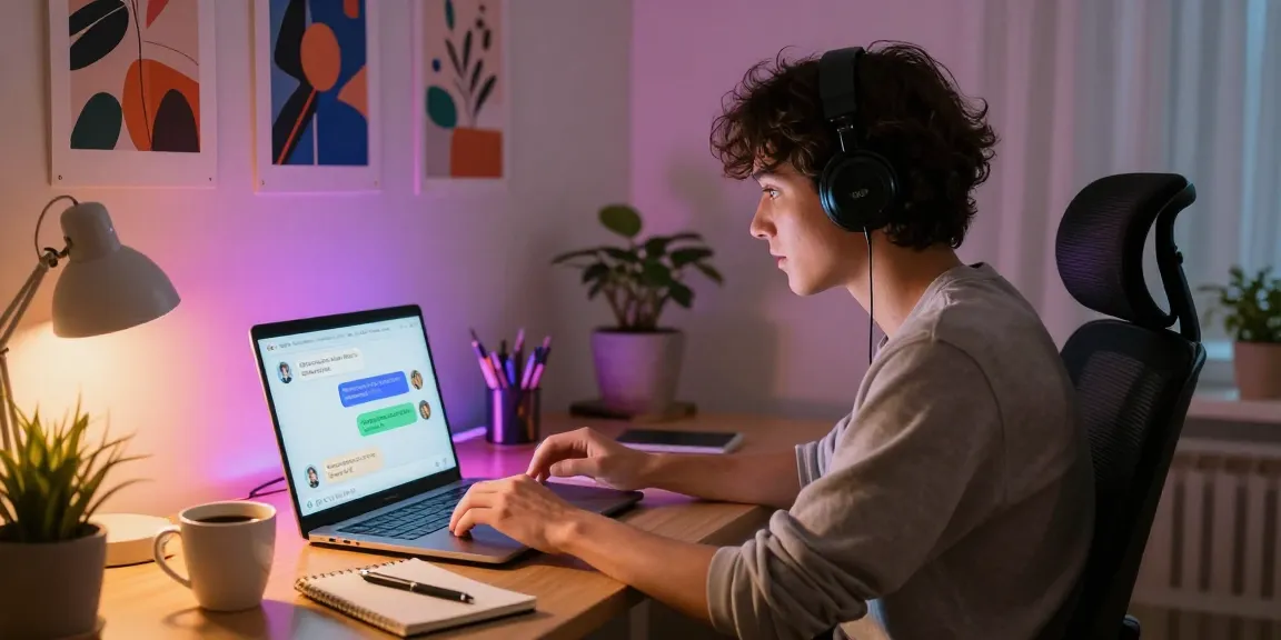 User engaging with ai nsfw chat platform in cozy home office setting, showcasing dynamic interaction with vibrant chat bubbles.