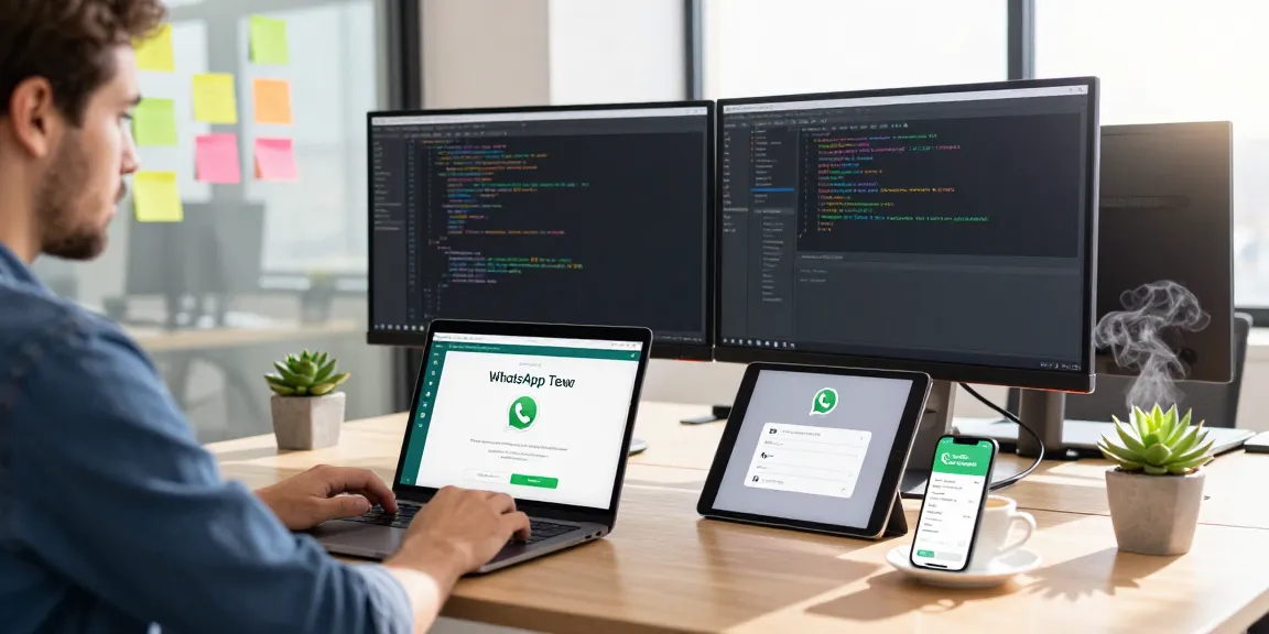 Developer exploring WhatsApp下載 features on devices in a modern workspace, focusing on productivity and innovation.