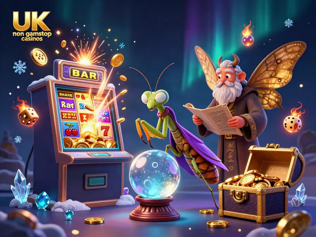 Experience the magic of UK non gamstop casinos with a vibrant 3D gambling scene featuring fortune tellers and giant slot machines.
