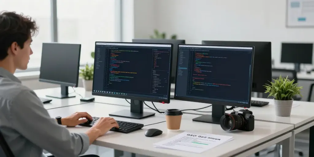 Innovative workspace scene showing instant indexing processes in tech development.