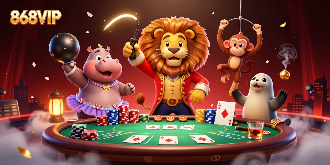 Engage with 868VIP casino magic in a vibrant scene of animated characters and rich gambling elements.