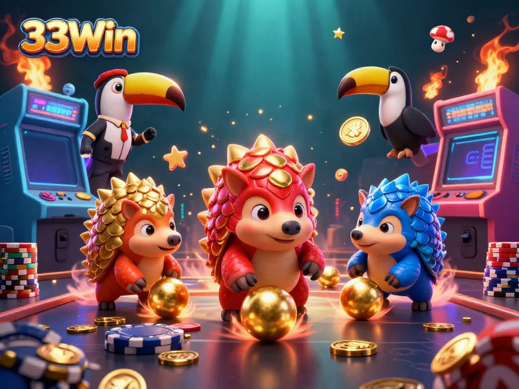 Experience epic gaming with 33Win as rival pangolins face off in a vibrant casino scene.