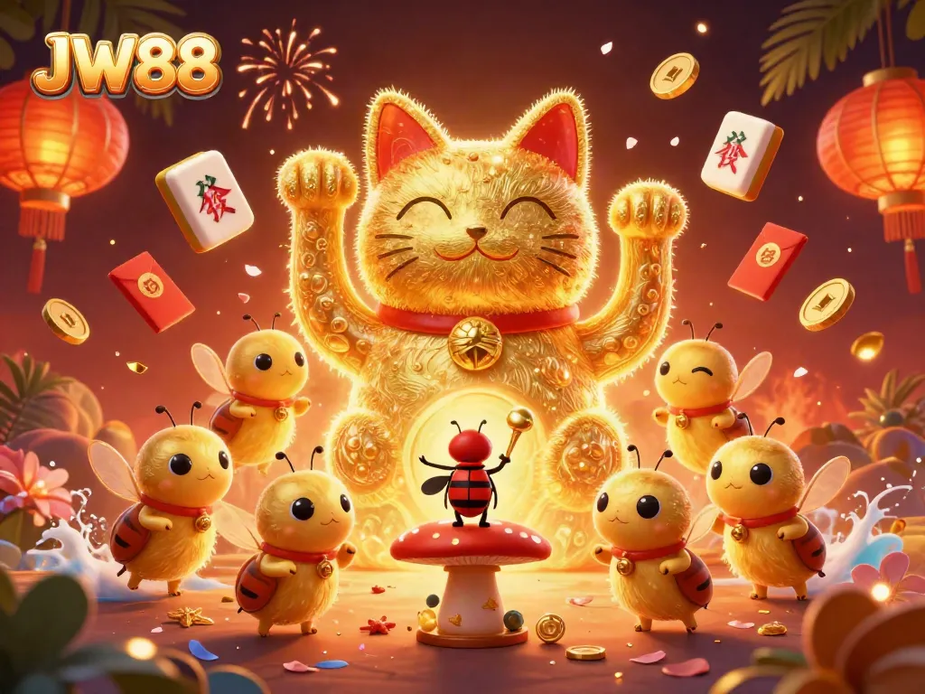 Experience the excitement of JW88 with a stunning lucky cat illustration, showcasing vibrant casino symbols.