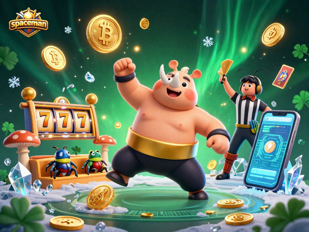 Winning at spaceman slots with a vibrant 3D beetle championship scene featuring jackpot elements and glowing crypto coins.