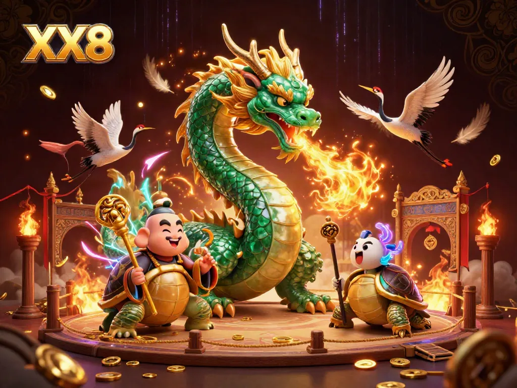 Experience the vibrant energy of XX8, featuring a jade dragon in a dynamic casino scene.