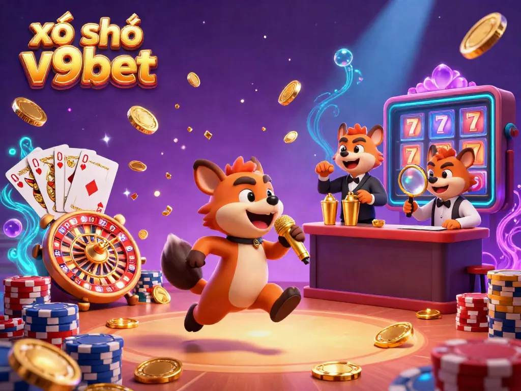 Experience the excitement of xổ số v9bet in a lively 3D casino scene with hyenas engaging in comedy, bartending, and security.