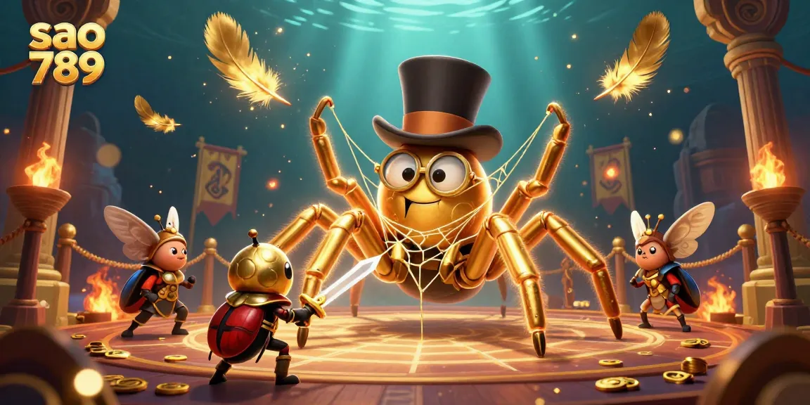 Sao 789 showcases a vibrant scene with a golden tarantula and beetle knight in an action-packed casino setting.