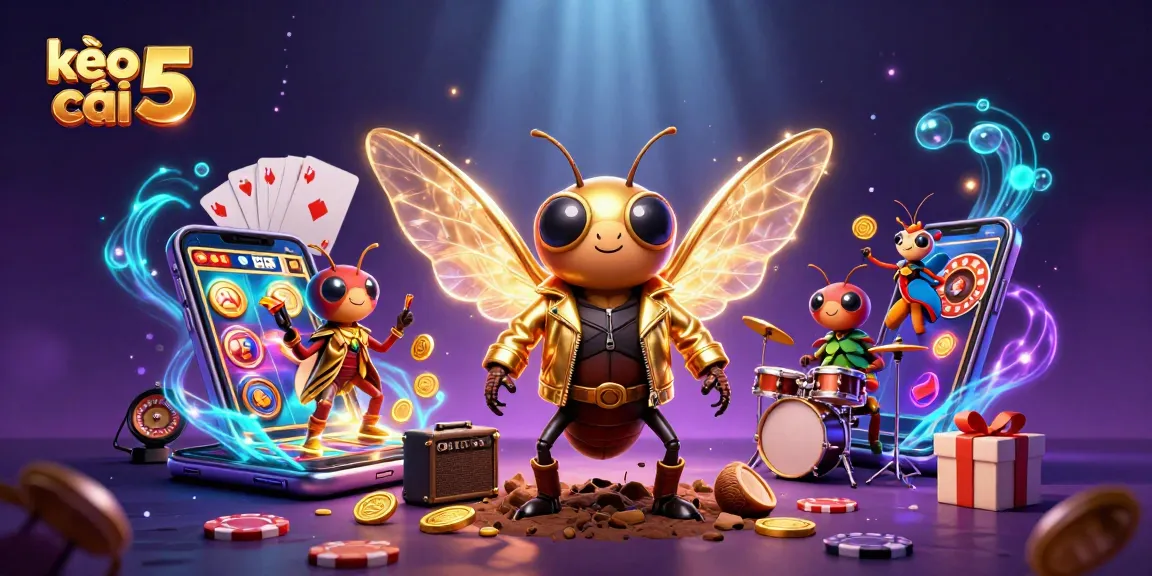 Bet on kèo nhà cái 5 with a fun, vibrant casino-themed scene featuring a rock star and drummer.