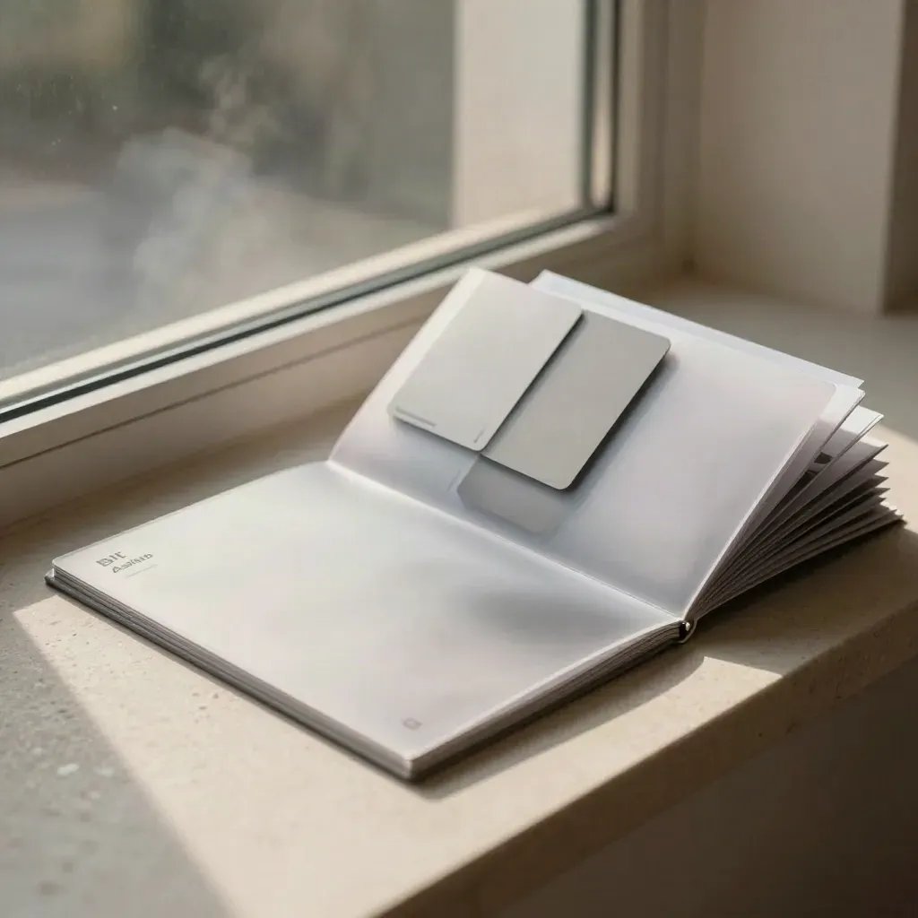 Portfolio review bundle on a stone ledge in soft window light, silver-edged sleeve and cards.