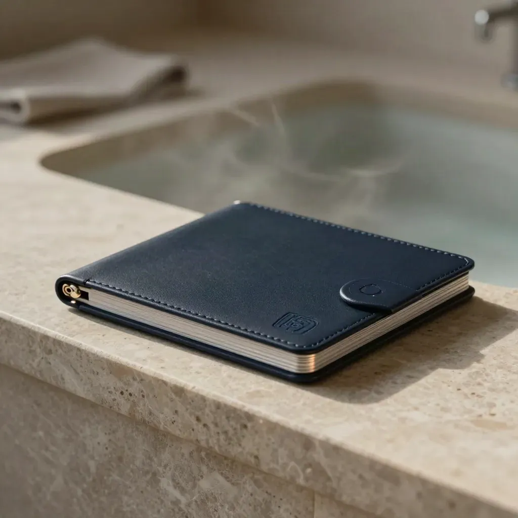 Premium crypto folio on stone with a navy band and soft steam, shot low and close.