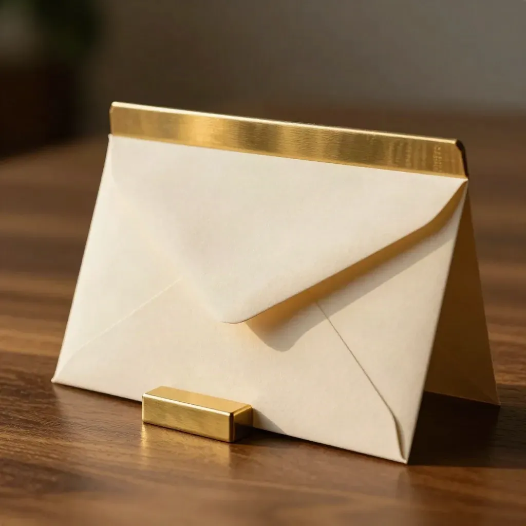 Consultation packet, envelope, and brass paperweight on warm timber in soft golden light