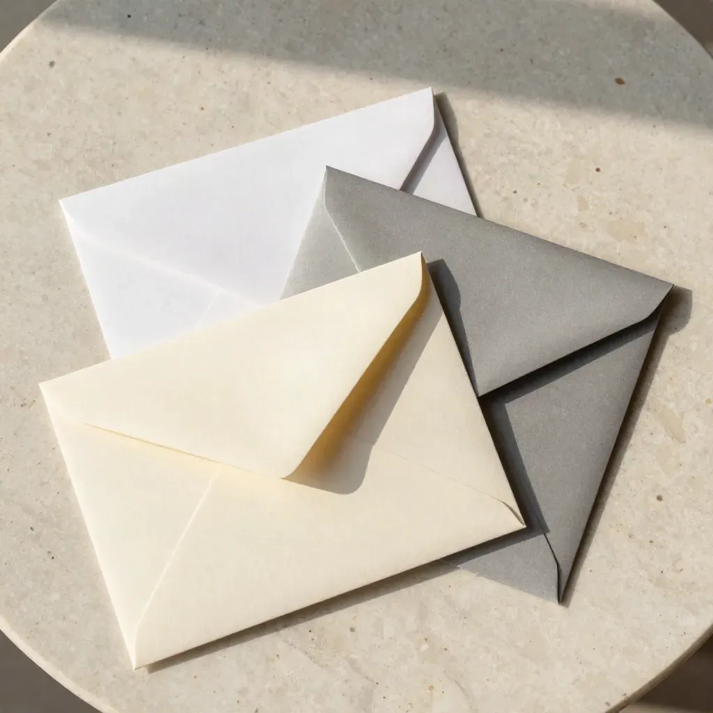 Overhead flatlay of a starter plan call packet with card, envelope and booking sleeve on travertine.
