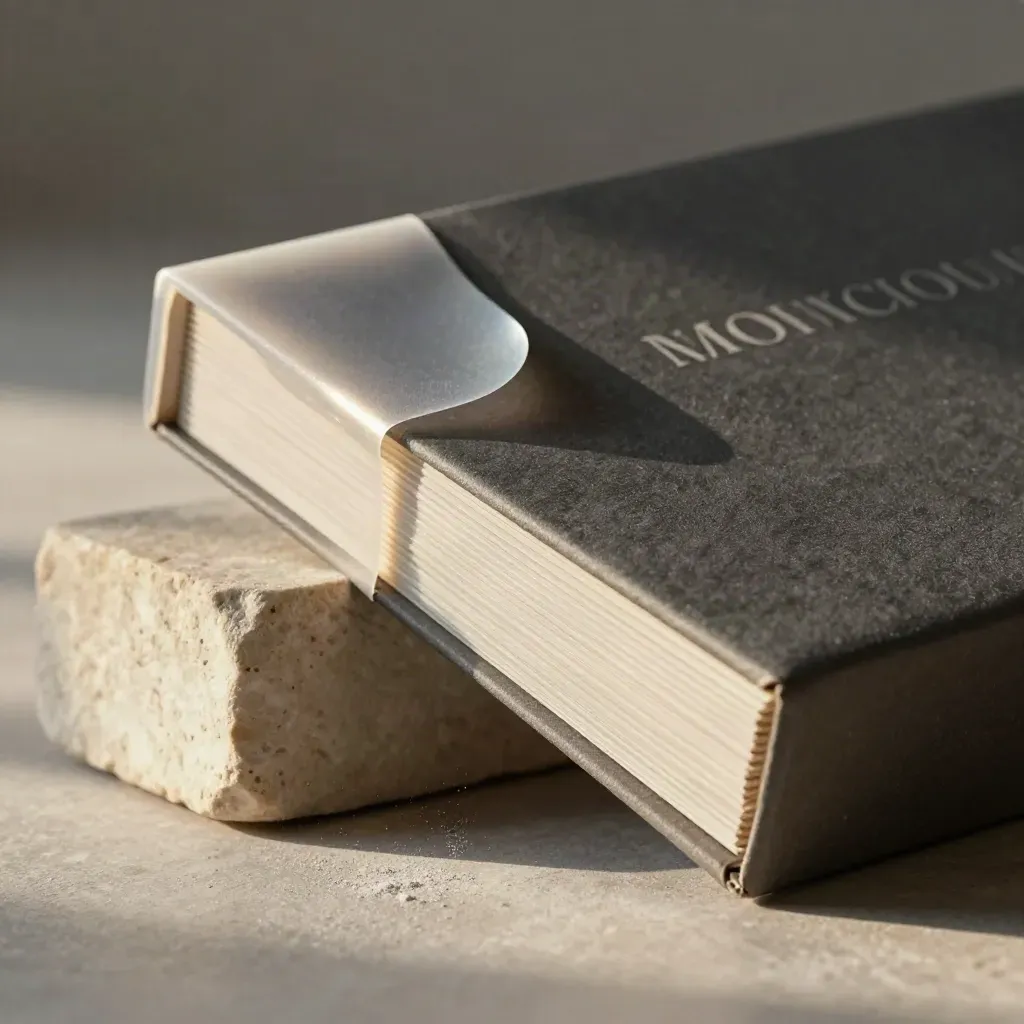 Macro of a premium paper brief pack leaning on stone, with translucent sleeve and chalk dust.