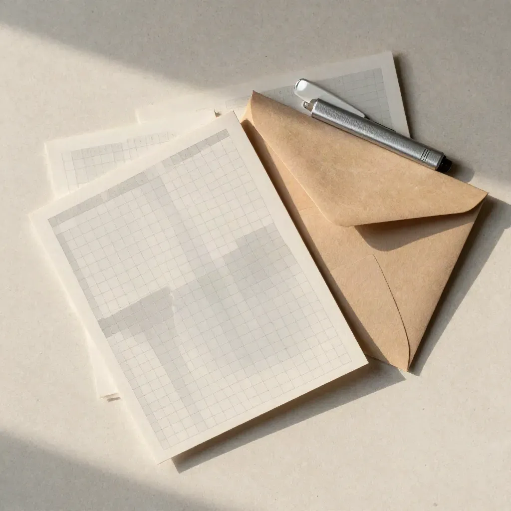Overhead flatlay of layered portfolio cards, matte envelope and silver marker on pale plaster.