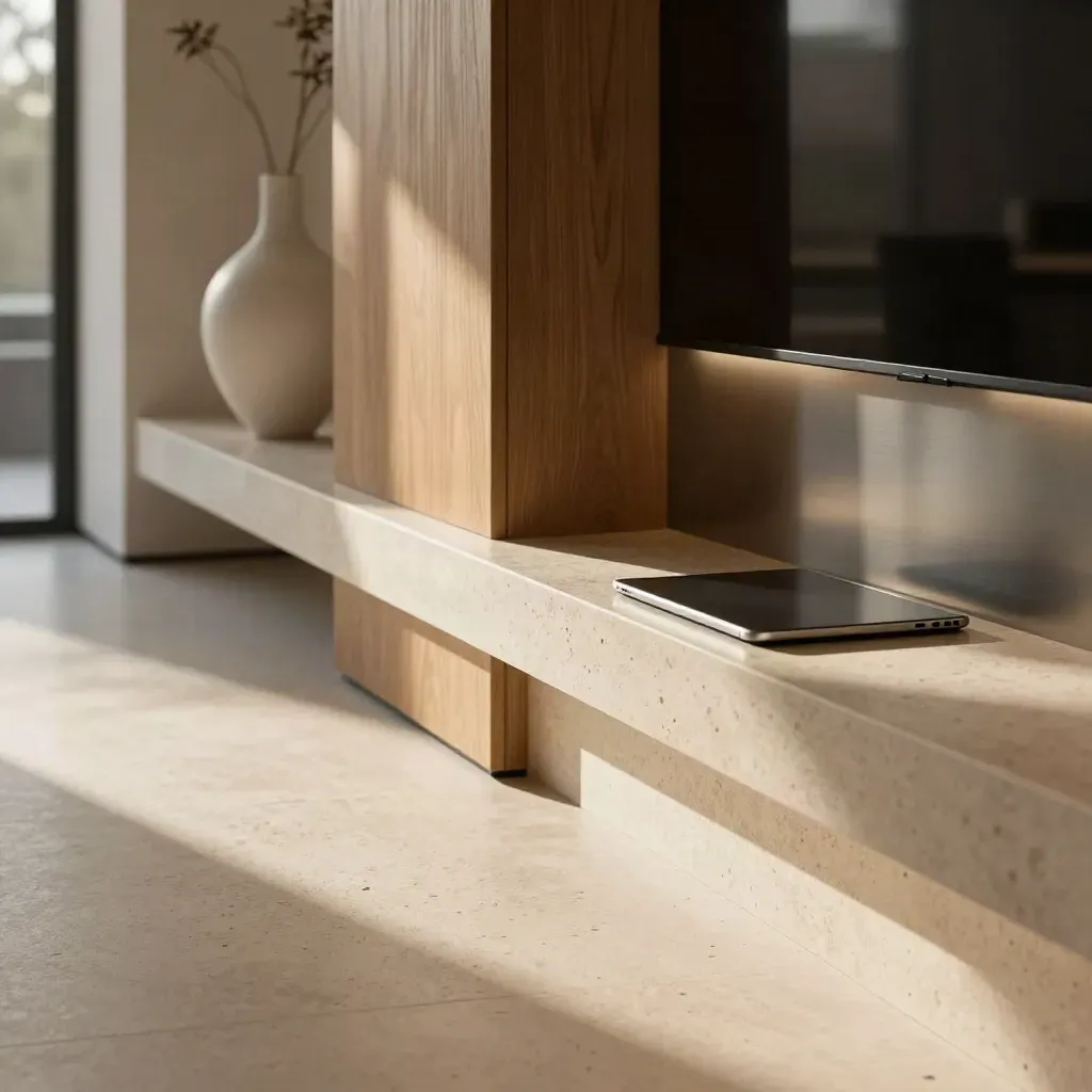 Travertine hallway with oak panel, sculptural vase and quiet light for finance branding.