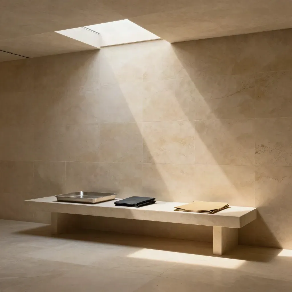 Sunlit limestone corridor with skylight, low bench and archive boxes, calm space for copy