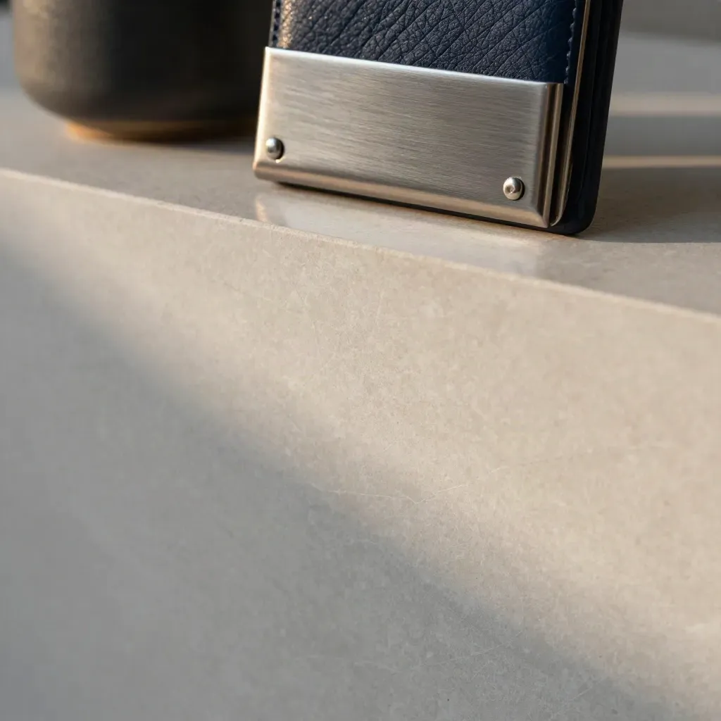 Pale stone surface with a dark ceramic form, metallic wallet, and diagonal reflected light.