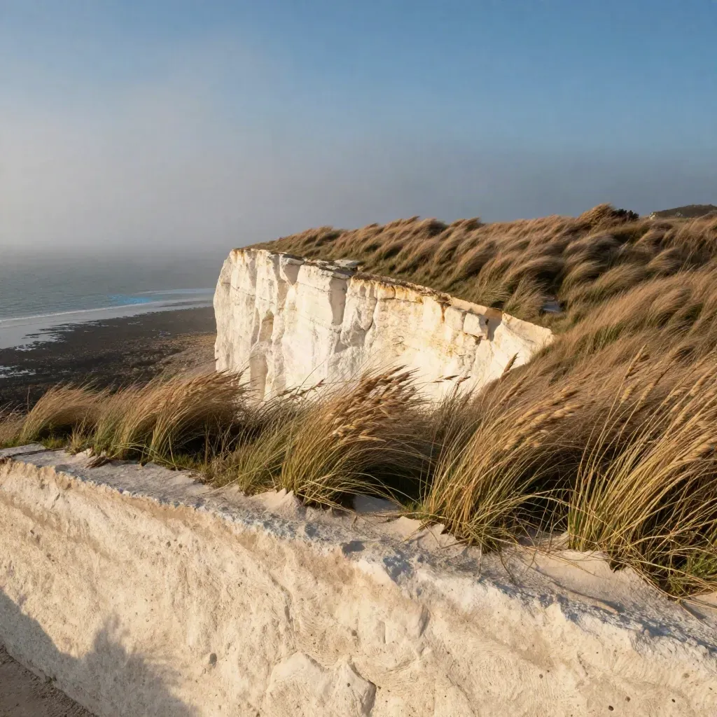 Windblown chalk ledge over a soft sea horizon, with calm open space for headline copy.