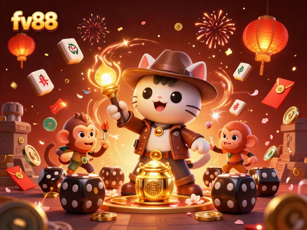 Engage with fv88's thrilling casino world through a captivating 3D illustrated scene of an explorer cat.