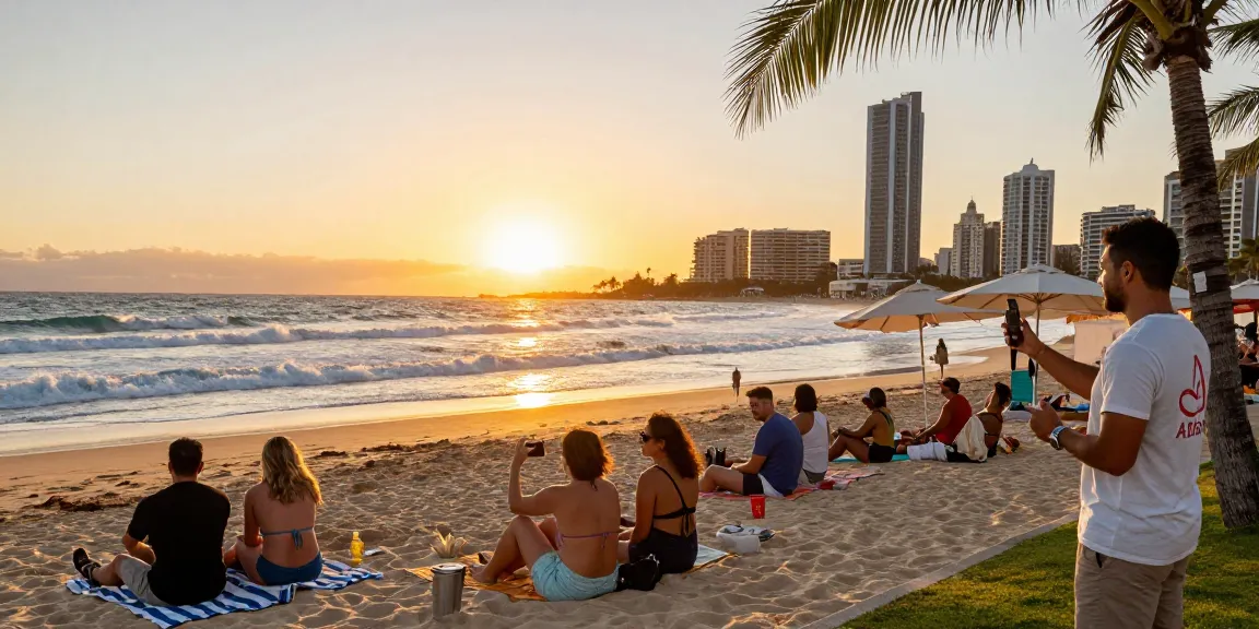 Managed Airbnb hosting Gold Coast scene with joyful guests at sunset on Surfers Paradise beach, showcasing vibrant ocean views and welcoming atmosphere.
