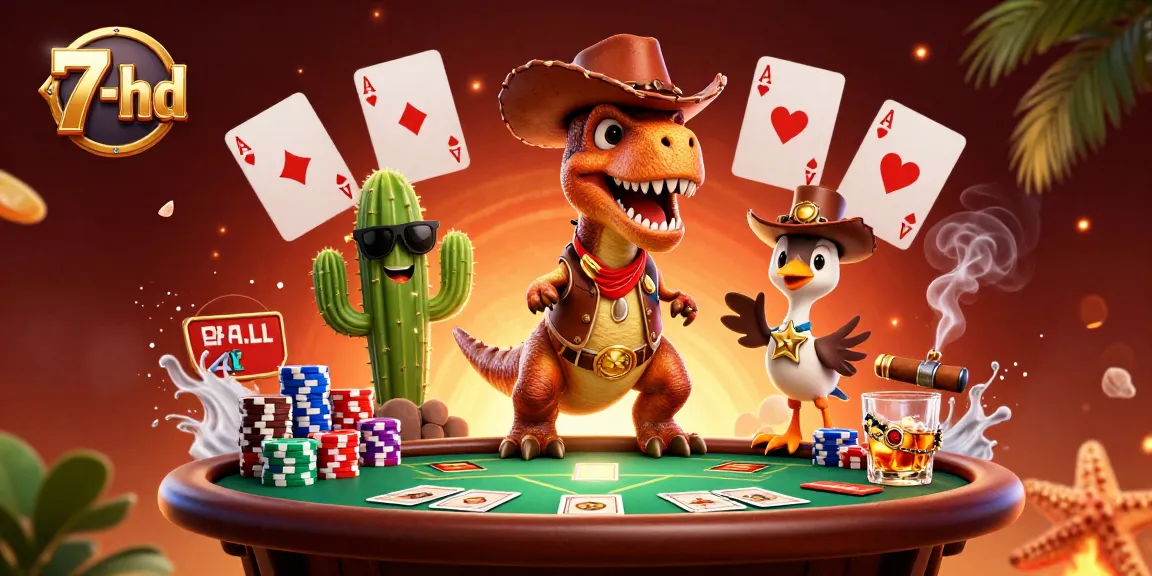 Immerse in thrilling poker action with 7-hd's vibrant 3D illustration of a cowboy T-Rex at the poker table.