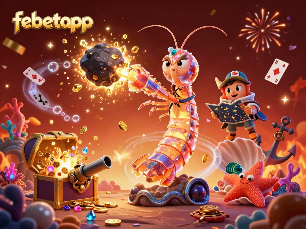 Experience thrilling gameplay with febetapp, featuring vibrant samurai mantis shrimp exploring treasure-filled underwater scenes.