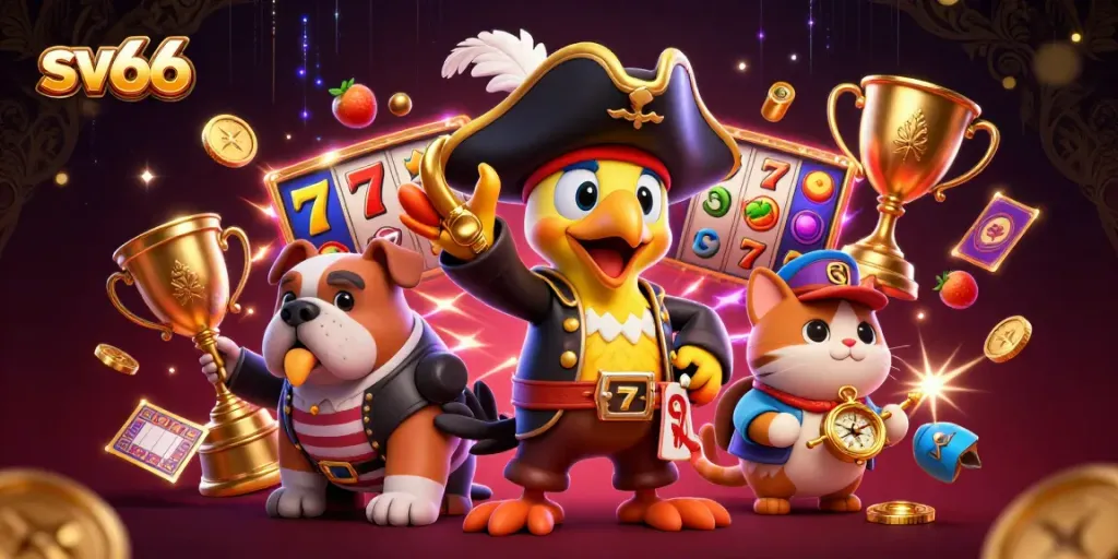 Engage with SV66's dynamic casino experience as characters celebrate wins with slot reels and jackpot excitement.