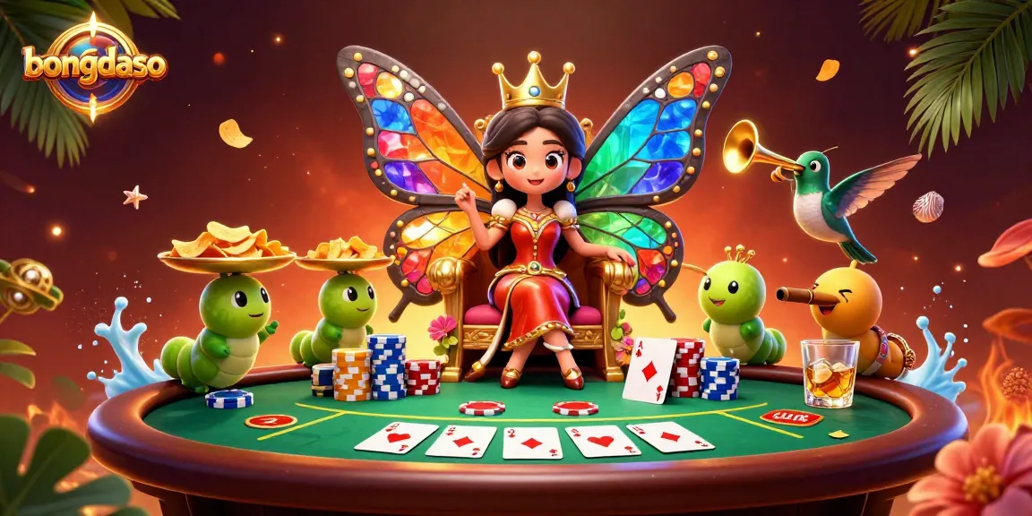 Experience the excitement of bongdaso with a vibrant casino scene featuring a butterfly queen and poker elements.