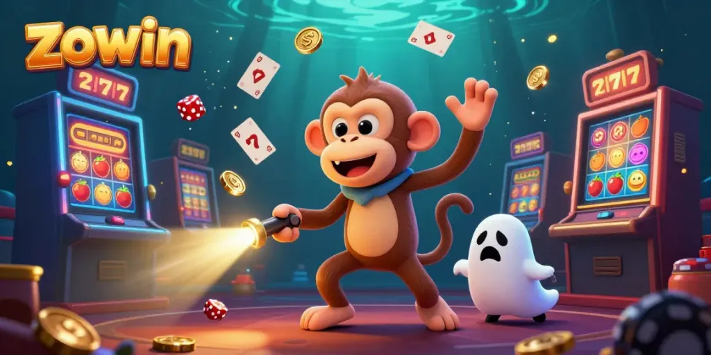 Experience thrilling gaming excitement at zowin with a lively monkey and puppy in a haunted casino.