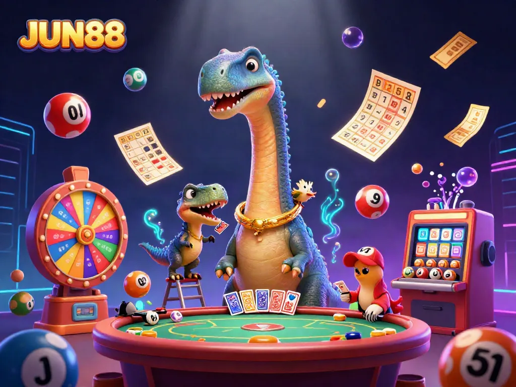 Experience dynamic gaming adventures at JUN88, featuring thrilling lottery elements and a whimsical casino atmosphere.