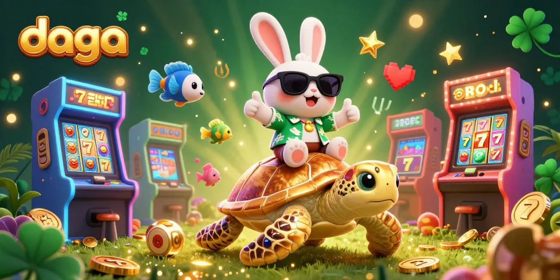 Dive into thrilling gambling action with daga's vibrant 3D illustration featuring a lucky rabbit and golden sea turtle.