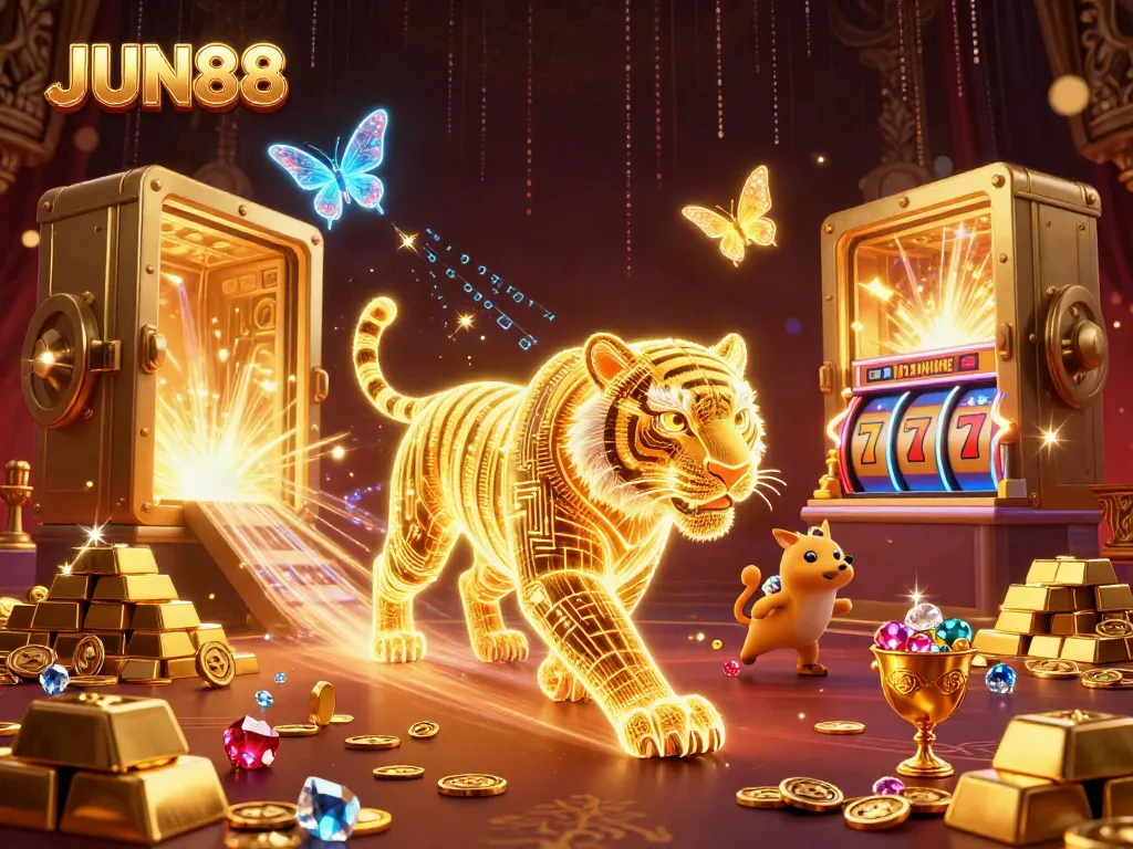 Experience the exciting JUN88 casino with a powerful golden tiger, vibrant treasures, and a captivating digital landscape.