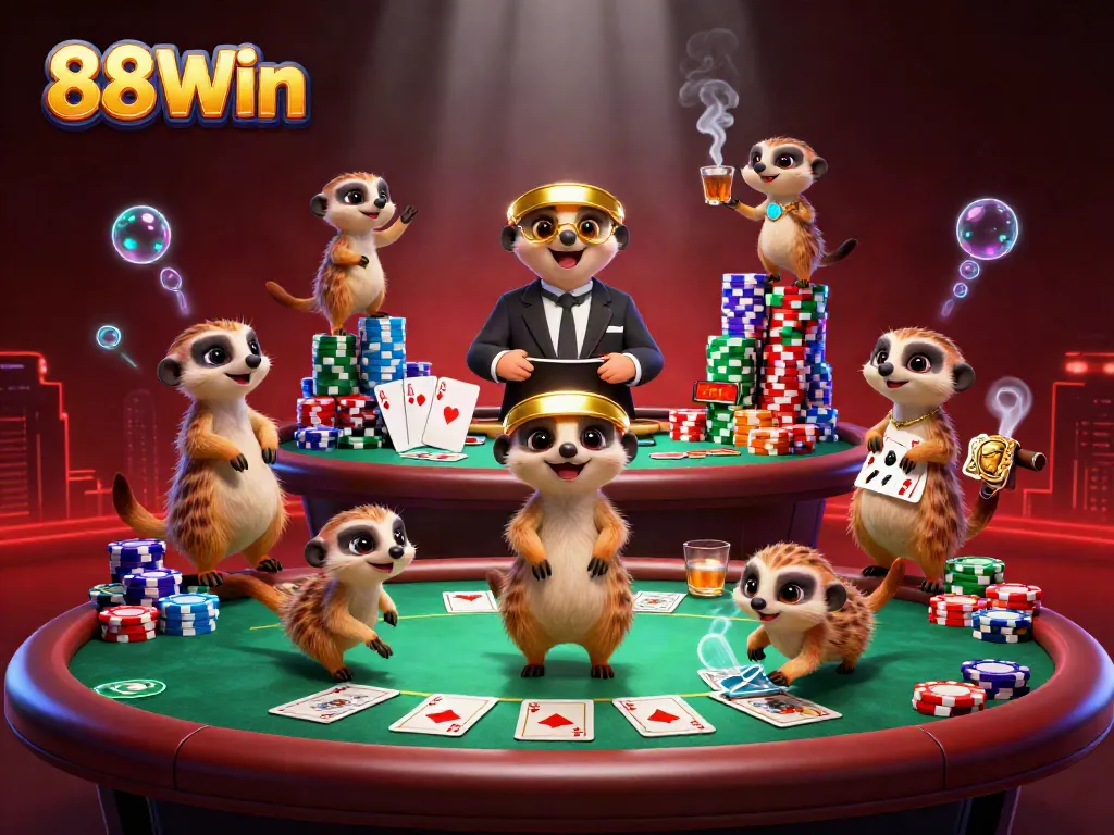 Experience the excitement of 88Win's dynamic casino scene featuring meerkats and vibrant poker elements.