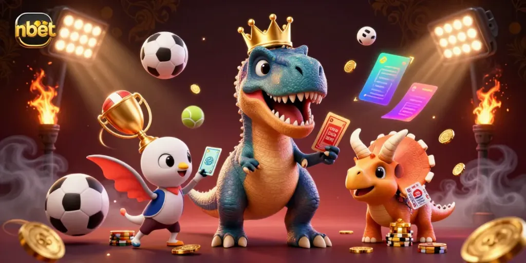 Experience the excitement of nbet with a cartoon T-Rex shuffling cards supported by vibrant sports elements.