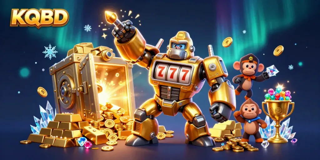Experience thrilling KQBD action with a vibrant gambling scene showcasing a golden gorilla mech.