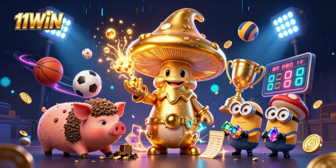 Engage with 11WIN's vibrant gaming world, illuminated by gold and dynamic sports elements.
