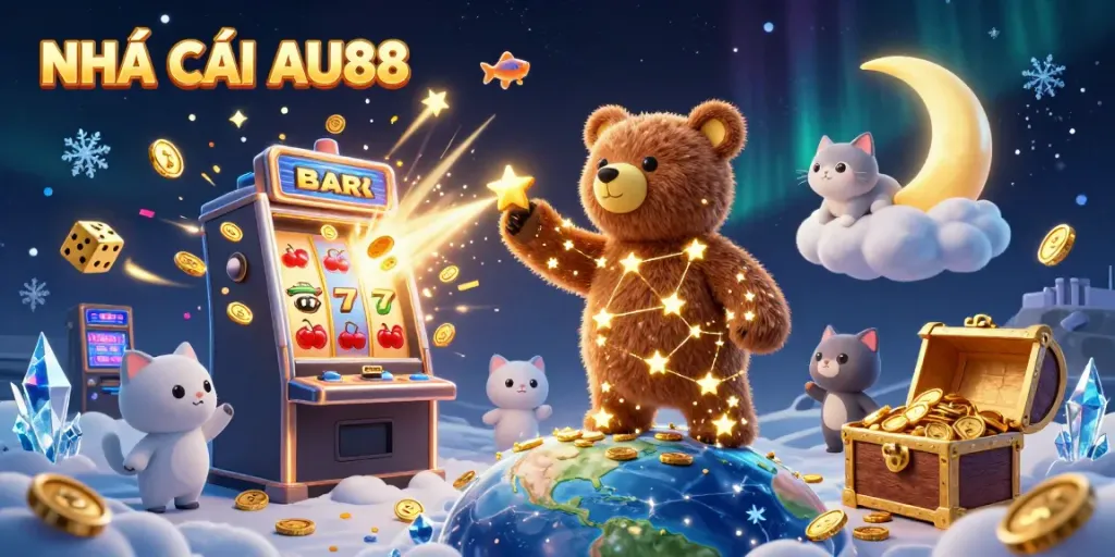 Engage in vibrant play at NHÀ CÁI AU88 with a dazzling 3D casino illustration showcasing exciting gaming elements.