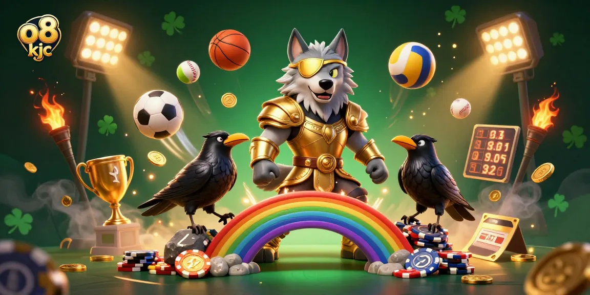 Feel the excitement of o8 kjc as Odin and his ravens celebrate on a casino chip bridge filled with sports elements.