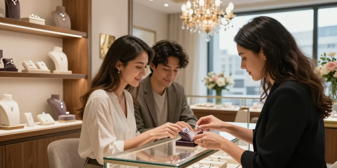 Engagement rings on finance showcased in a luxury boutique, couple exploring options with an advisor.