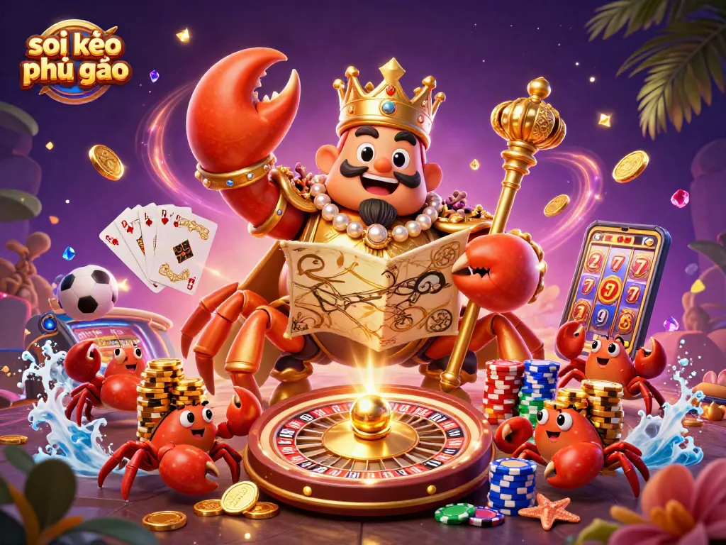 Soi kèo phạt góc betting scene featuring a golden crab emperor with treasure map and poker elements